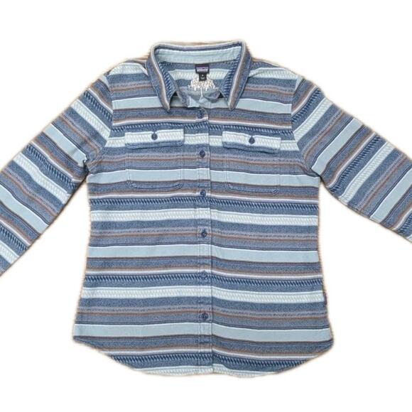 Patagonia Tops - PATAGONIA Womens Fjord Flannel Shirt Blue Brown White Stripe Organic Cotton sz M